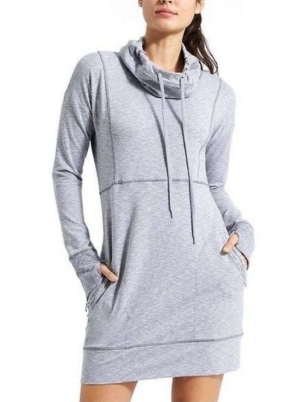 Athleta Gym To Street Drawstring Cowl Neck Dress Heather Gray Long Sleeve XS